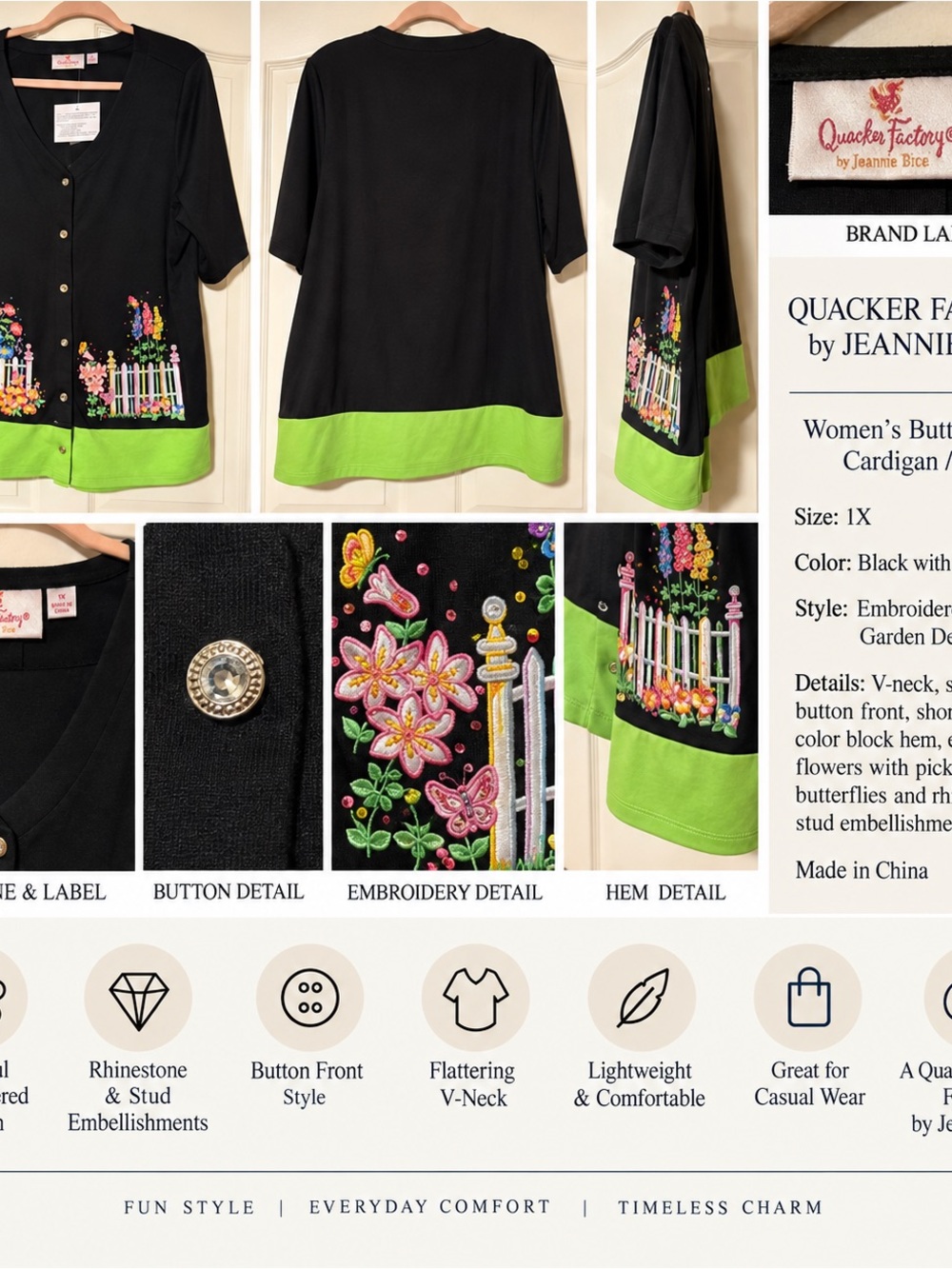 Quacker Factory Black Cardigan with Lime Green Hem and Floral Embroidery